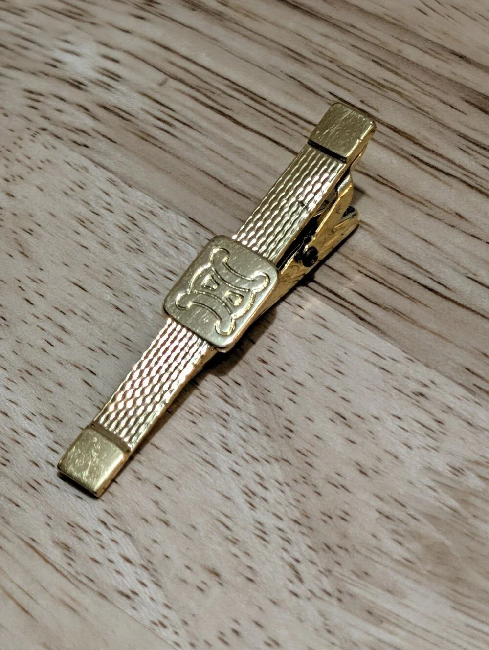 Vintage Celine Gold Tone Textured Tie Clip Triomphe Logo